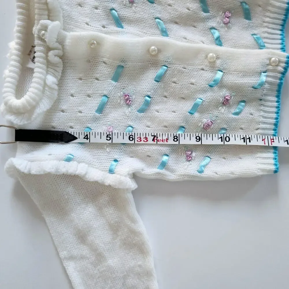 Vintage 1950s Baby Girl Cardigan Sweater | White Knit w/ Rosettes | Size 2T